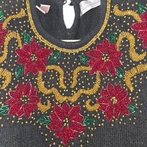 Karen‎ Scott Evening Beaded Poinsettia Christmas Holiday Sweater Large Vintage